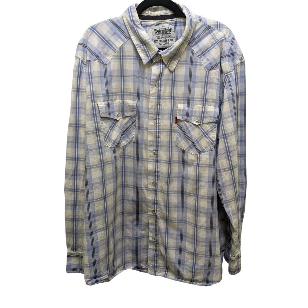 Levi Strauss & Co Two Horse Brand Western Men's L/S Shirt Size XXL Blue/White‎